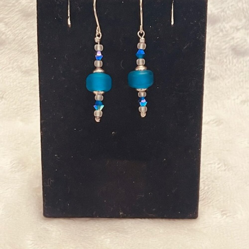 Vintage Silver, Turquoise Frosted Sea Glass, Iridescent Bicone Dangle Earrings